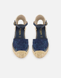 Sandalias azul en yute para mujer con bordados florales