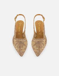 Zapatilla beige en reja para mujer con bordado floral y tacón bajo