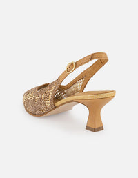 Zapatilla beige en reja para mujer con bordado floral y tacón bajo