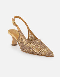 Zapatilla beige en reja para mujer con bordado floral y tacón bajo