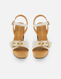 Sandalias blancas en piel para mujer con tacón madera