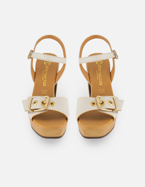 Sandalias blancas en piel para mujer con tacón madera