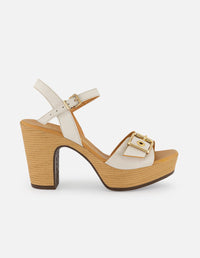 Sandalias blancas en piel para mujer con tacón madera