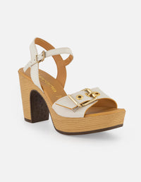 Sandalias blancas en piel para mujer con tacón madera