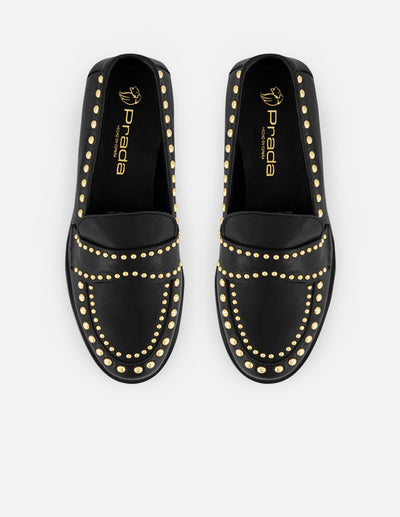 Mocasines negros piel de mujer adornos color dorado tira frontal