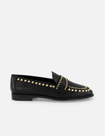 Mocasines negros piel de mujer adornos color dorado tira frontal