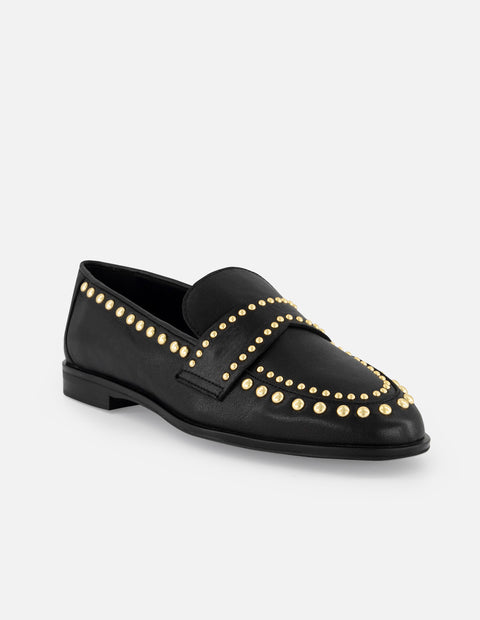 Mocasines negros piel de mujer adornos color dorado tira frontal