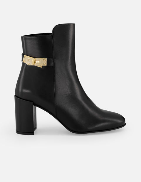 Botines negros piel de mujer adorno lateral color dorado Pd