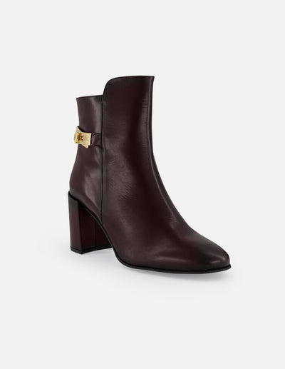 Botines vino piel de mujer adorno lateral color dorado Pd