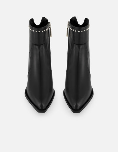 Botines negros piel de mujer adornos color plata tacón pequeño