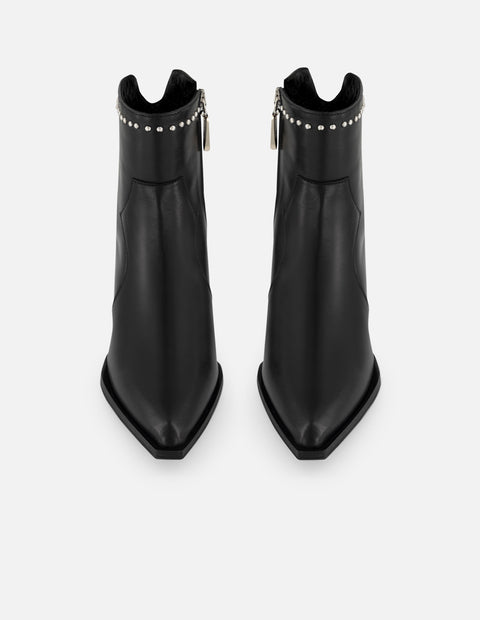 Botines negros piel de mujer adornos color plata tacón pequeño