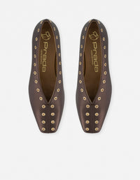 Flats café en piel metalizada para mujer con ojillos decorativos