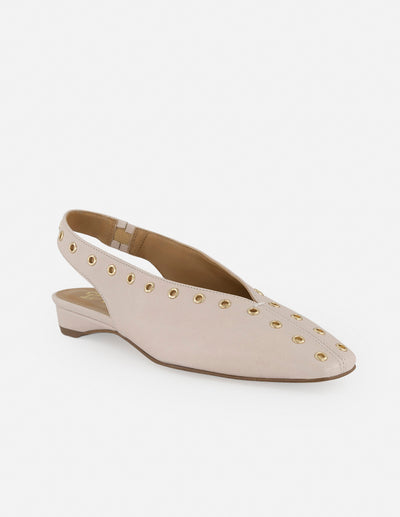 Flats nude en piel metalizada para mujer con ojillos metálicos