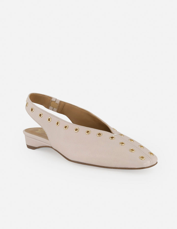 Flats nude en piel metalizada para mujer con ojillos metálicos