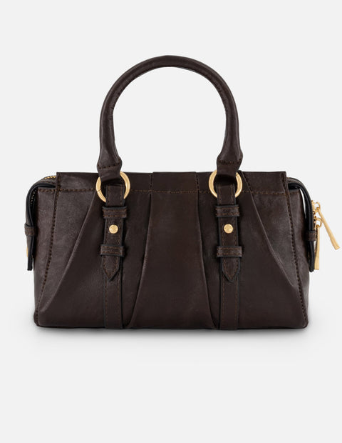 Bolso de mano café vegano para mujer con logo frontal