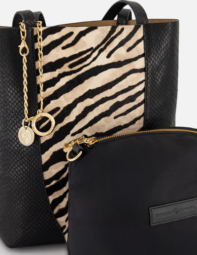 Bolso negro pelo para mujer con combinación de materiales