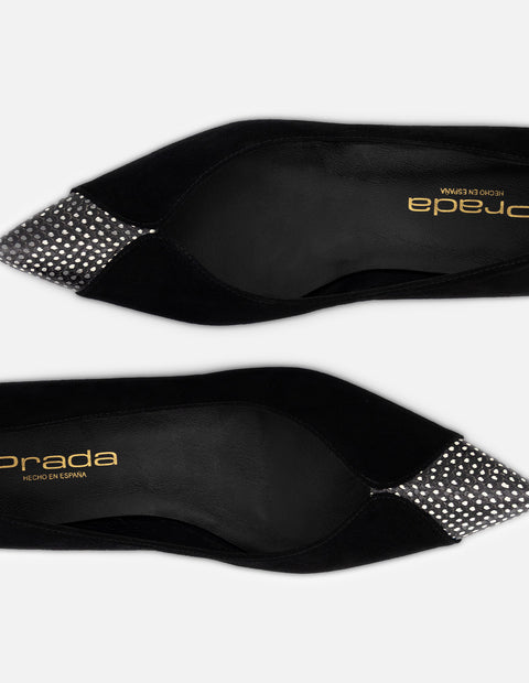 Flats negro ante para mujer con combinación de materiales