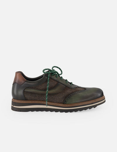 Zapato Oxford verde piel para hombre con combinación de materiales