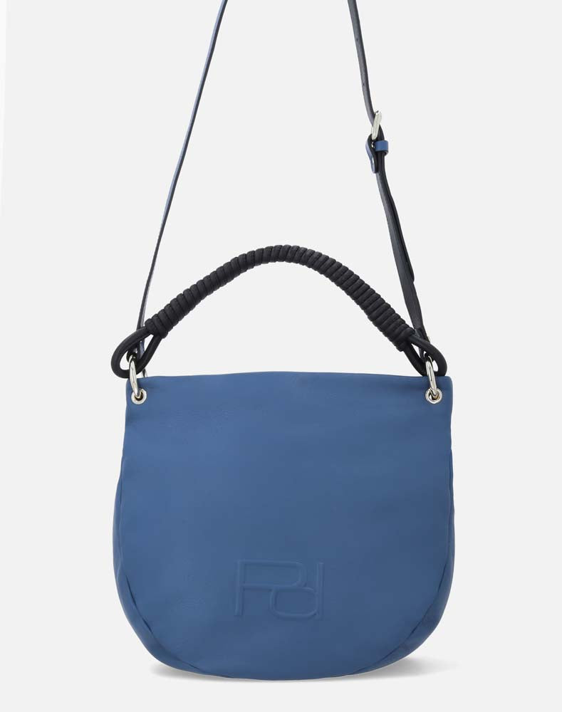 Bolso de hombro en piel color azul y caja tipo media luna con logo Pd para mujer
