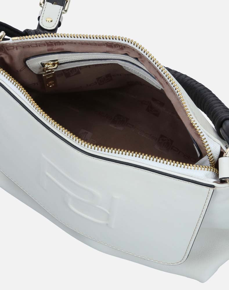 Bolso satchel en piel napa color blanco y solapa grabada con  logo Pd para mujer