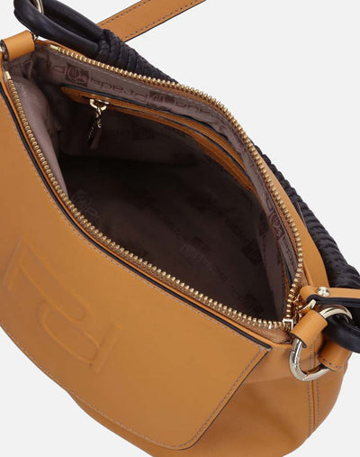 Bolso satchel en piel napa color amarillo y solapa grabada con  logo Pd para mujer