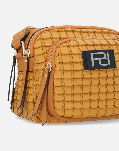 Bolso bandolera en piel vegana color amarillo y  tres compartimientos con cierres para mujer