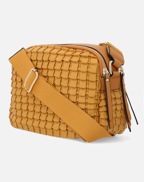 Bolso bandolera en piel vegana color amarillo y  tres compartimientos con cierres para mujer