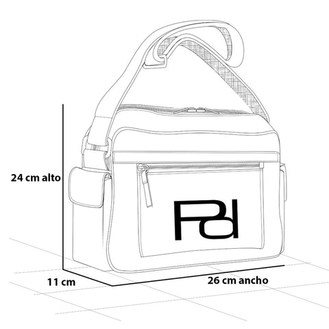 Bolso bandolera en piel vegana color nude y  tres compartimientos con cierres para mujer
