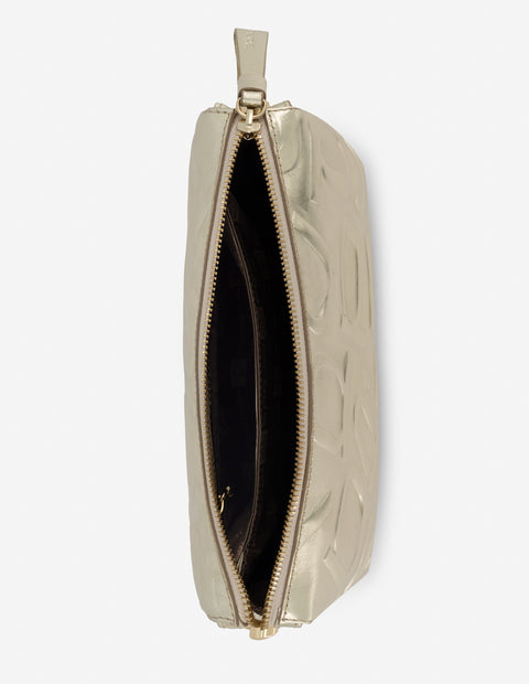 Bolso tipo bandolera en color dorado con grabado anagrama letras Prada para mujer