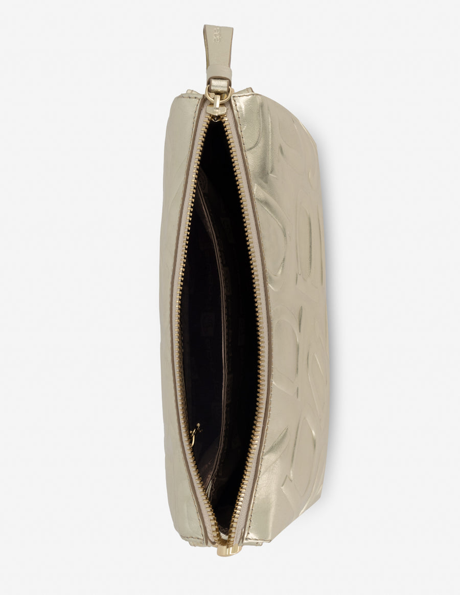 Bolso tipo bandolera en color dorado con grabado anagrama letras Prada para mujer