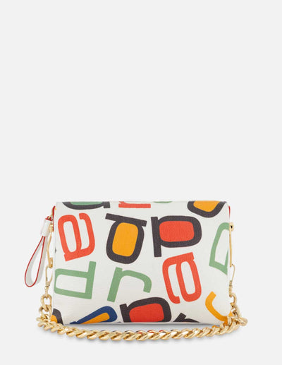 Bolso tipo bandolera en color blanco con grabado letras prada multicolor