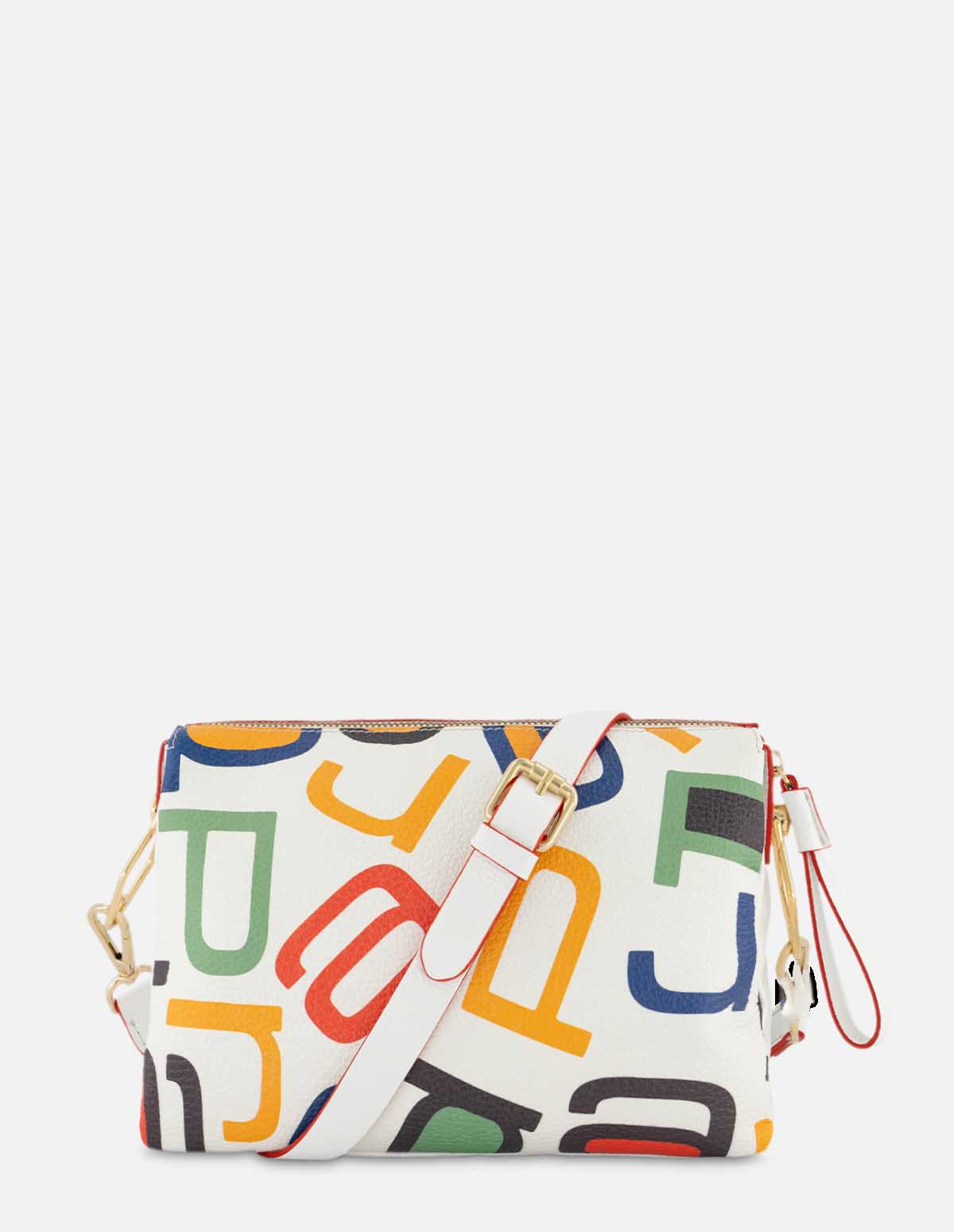 Bolso tipo bandolera en color blanco con grabado letras prada multicolor