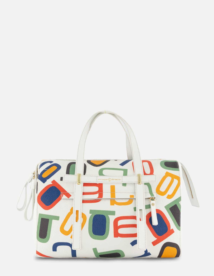 Bolso tipo bowling en color blanco con grabado letras prada multicolor