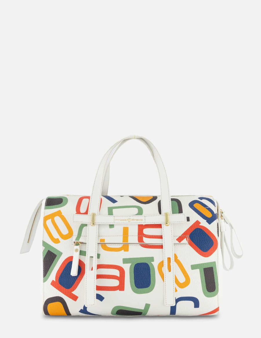 Bolso tipo bowling en color blanco con grabado letras prada multicolor