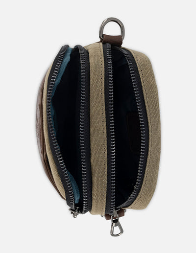 Bandolera en textil color kaki con detalles en piel color marrón para hombre