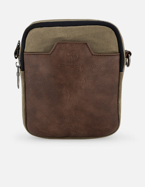 Bandolera kaki textil y piel para hombre con detalles marrón