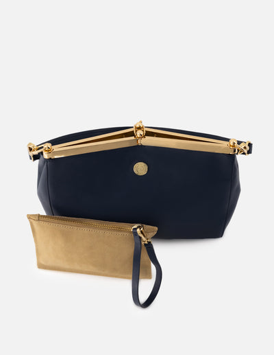 Bolso de mano de piel color azul para mujer con detalles color dorado