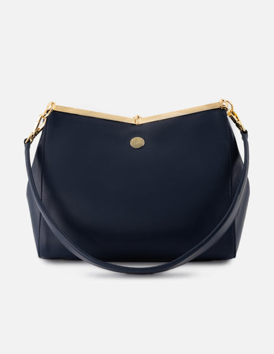 Bolso de mano de piel color azul para mujer con detalles color dorado