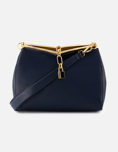 Bolso de mano de piel color azul para mujer con detalles color dorado