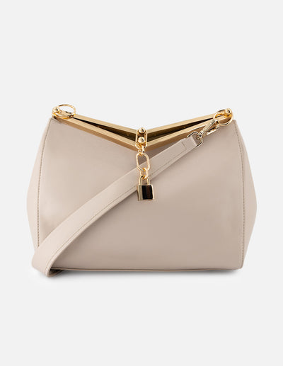 Bolso de mano de piel color blanco para mujer con detalles color dorado