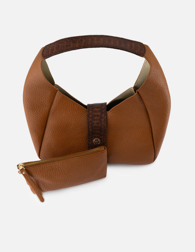 Bolso de hombro en piel bombeada para mujer color cuero con grabado tipo serpiente