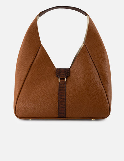 Bolso de hombro en piel bombeada para mujer color cuero con grabado tipo serpiente
