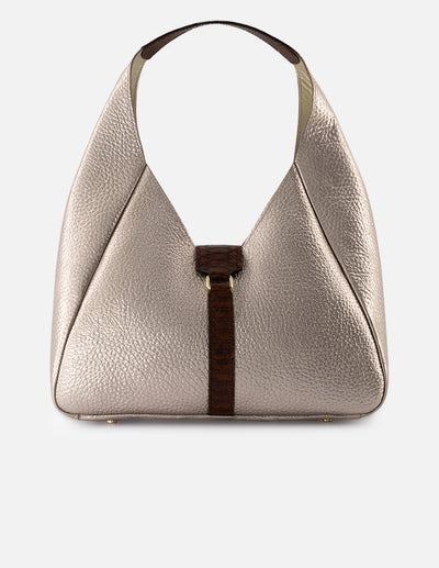 Bolso de hombro en piel bombeada para mujer color dorado con grabado tipo serpiente