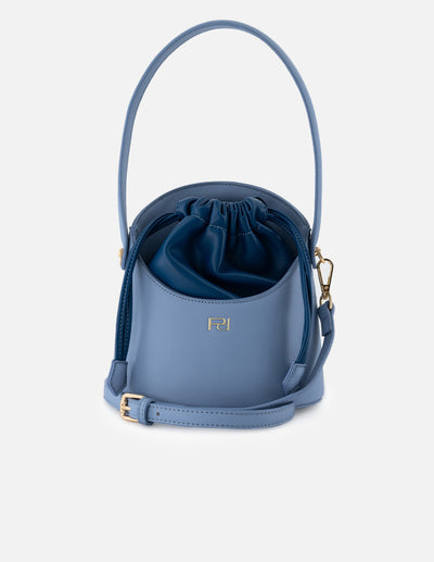 Bolso bucket de piel vegana para mujer color azul y detalles en piel