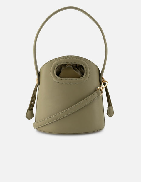 Bolso bucket de piel vegana para mujer color olivo y detalles en piel