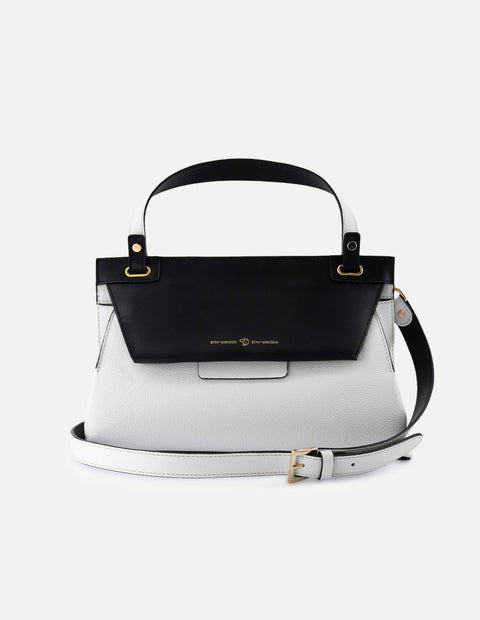 Bolso de mano de piel para mujer color blanco con contraste negro