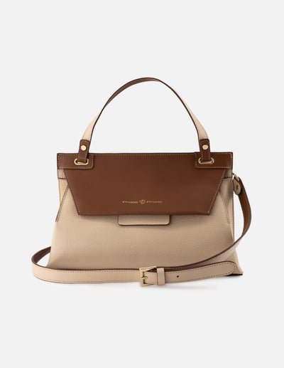 Bolso de mano de piel para mujer color beige con contraste cuero