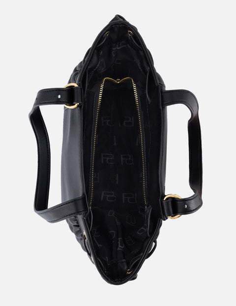 Bolso tote de nylon para mujer color negro con detalles dorados y correa ajustable