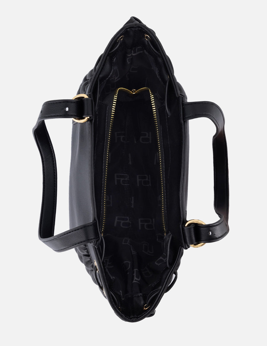 Bolso tote de nylon para mujer color negro con detalles dorados y correa ajustable