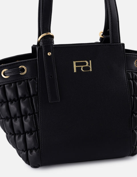 Bolso tote de nylon para mujer color negro con detalles dorados y correa ajustable